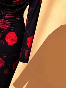 DreamSkyne Plus Size Women's Black And Red Floral Print Maxi Dress,Elegant Long Sleeve Cowl Neck Mermaid Gown,Milk Silk Rose Dress For Autumn Party,Gatherings - Black - View 7