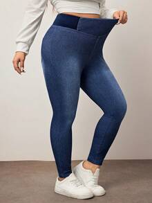 Enliva Plus Size Plain Color Block Casual Stretchy Knit Jeans Apple Bottom Jeans, For Apple Rounded Body Shape - Blue - View 7
