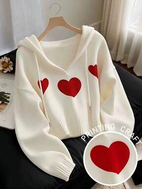 Resyla Women's New Autumn/Winter Hoodie With Love Pattern, Soft Knit Casual Versatile Sweatshirt