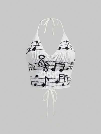 J-Fashion Pull sans manches à encolure ras-du-cou en jacquard avec notes de musique et clé de sol vintage pour femmes