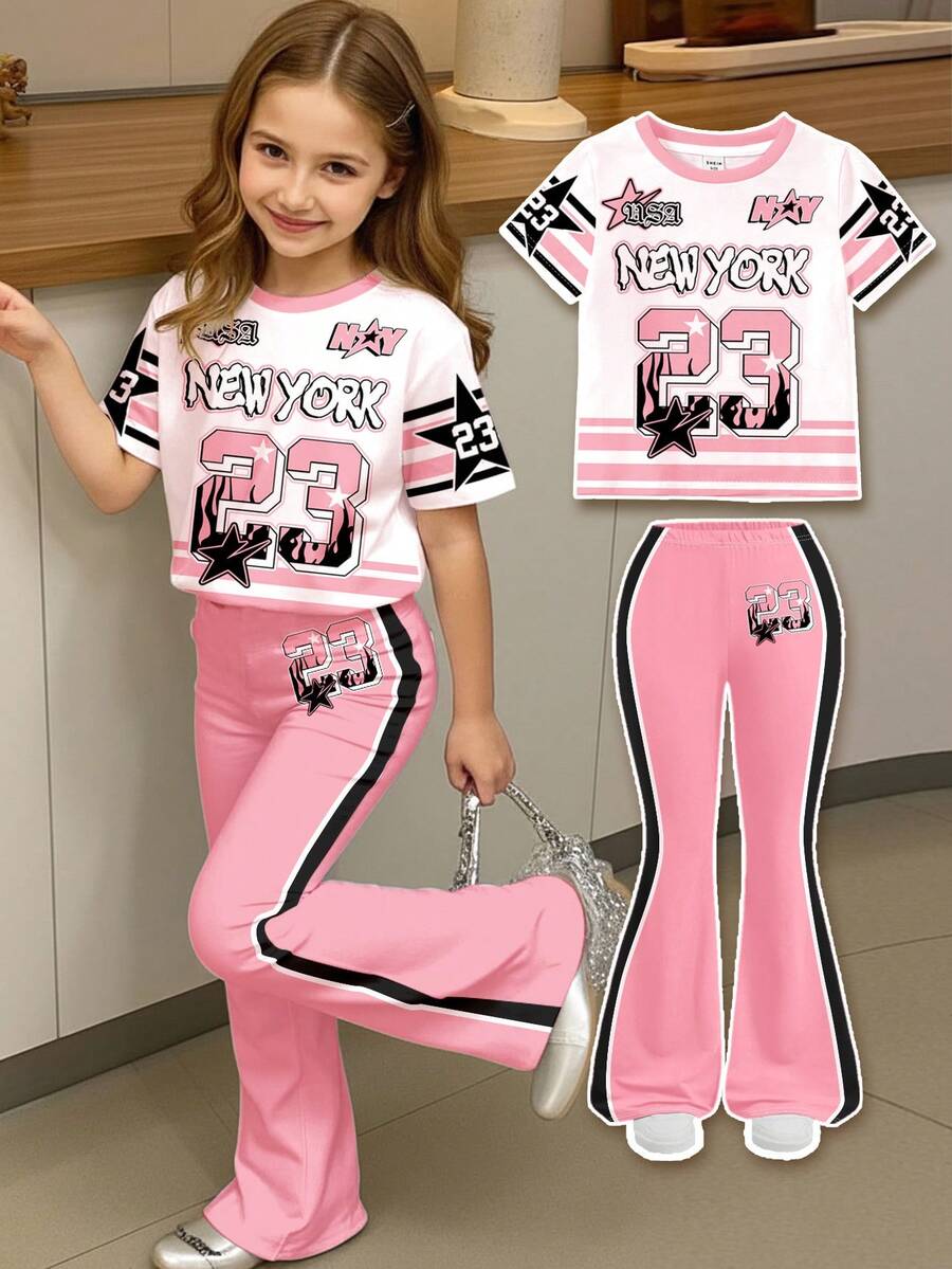 SHEIN Young Girl Retro Sporty Colorblock Street Style Outfit, Numeric & Letter Print Crew Neck Short Sleeve T-Shirt And Flare Pants Set, Suitable For Summer, Outdoor Picnic, Street Photography, Home, Boho, Hippie Style, Music Festival - Multicolor - View 1