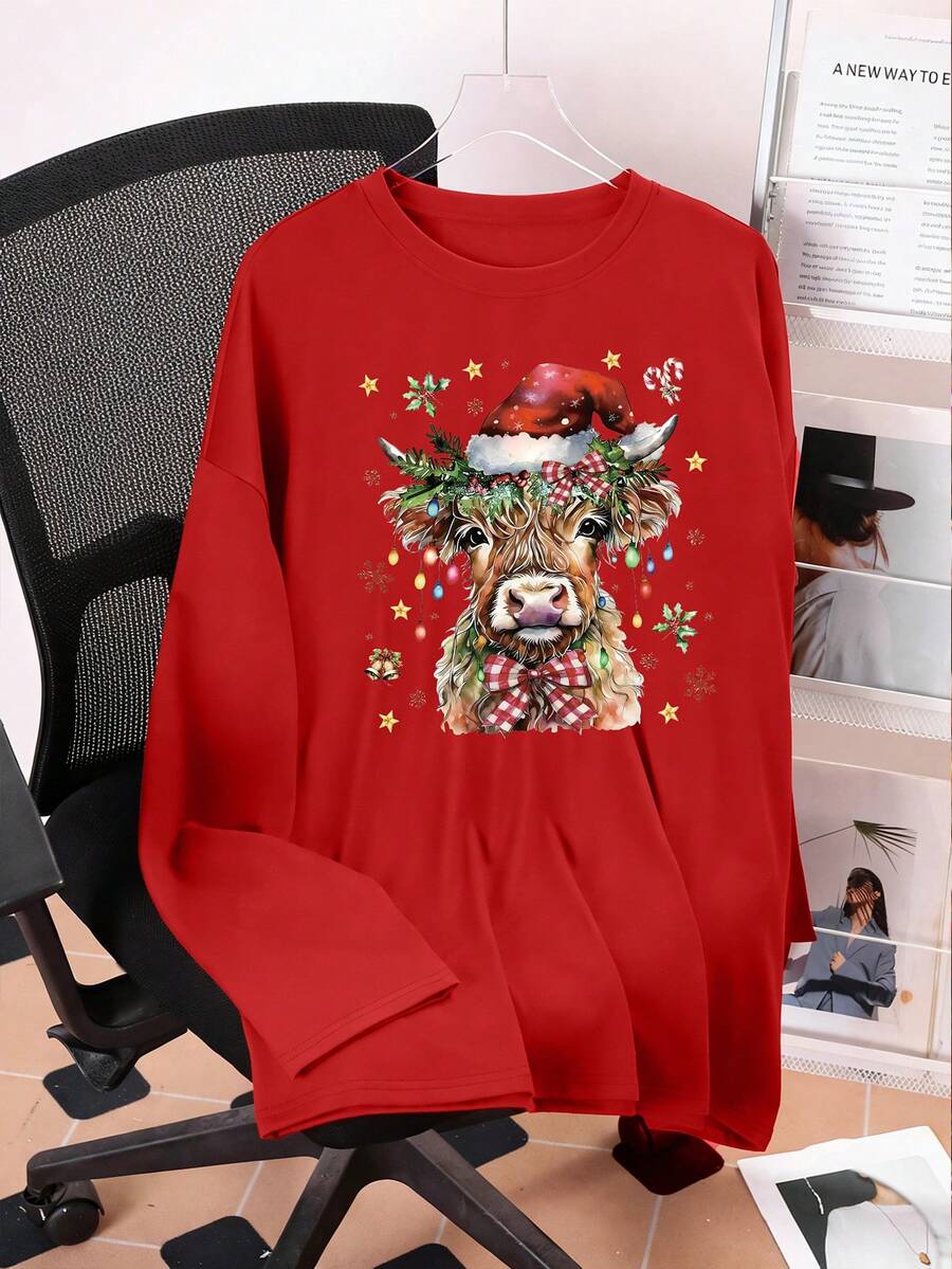 Manfinity Dauomo 男士圣诞帽和奶牛印花圆领长袖T恤，秋季 - 紅色 - 查看 1