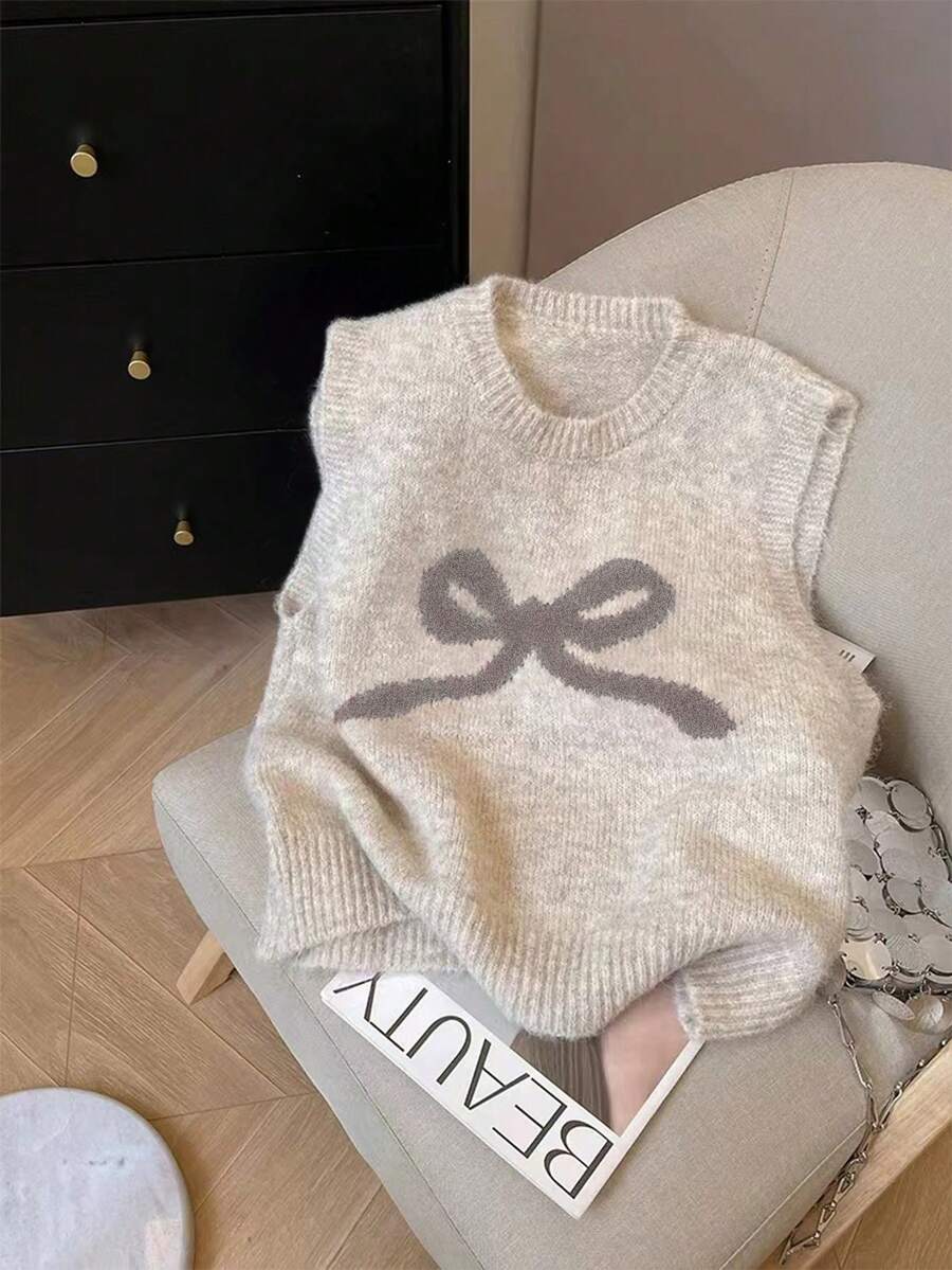 Franclia 2024 Autumn/Winter New Loose Bow Knitted Vest Sleeveless Sweater Top, Soft & Cozy - Multicolor - View 1