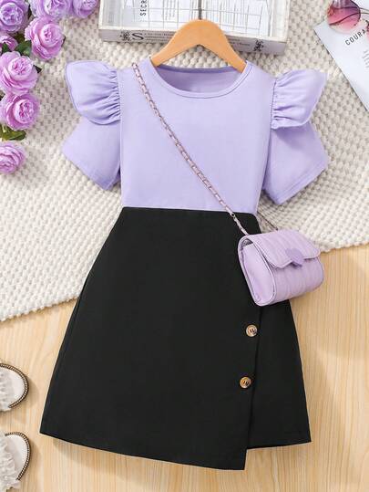 Sparklyn 2 piezas Conjunto para niña preadolescente, blusa con mangas con volantes en color vino tinto a juego con falda negra de corte A, conjunto casual y versátil dulce para verano, vacaciones, viajes