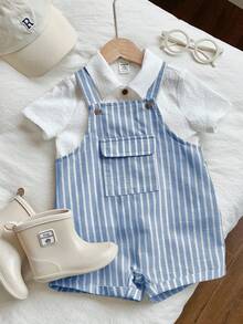 SHEIN Bộ 2 món/Bộ đồ liền thân áo sơ mi trắng tay ngắn dễ thương và quần đùi có dây đeo kẻ sọc thoải mái cho bé trai/bé gái, thích hợp mặc trong nhà, ngoài trời, hàng ngày, thể thao, vui chơi, tiệc tùng, chụp ảnh, ngày lễ, mùa xuân/hè - Màu xanh lam - Xem 5