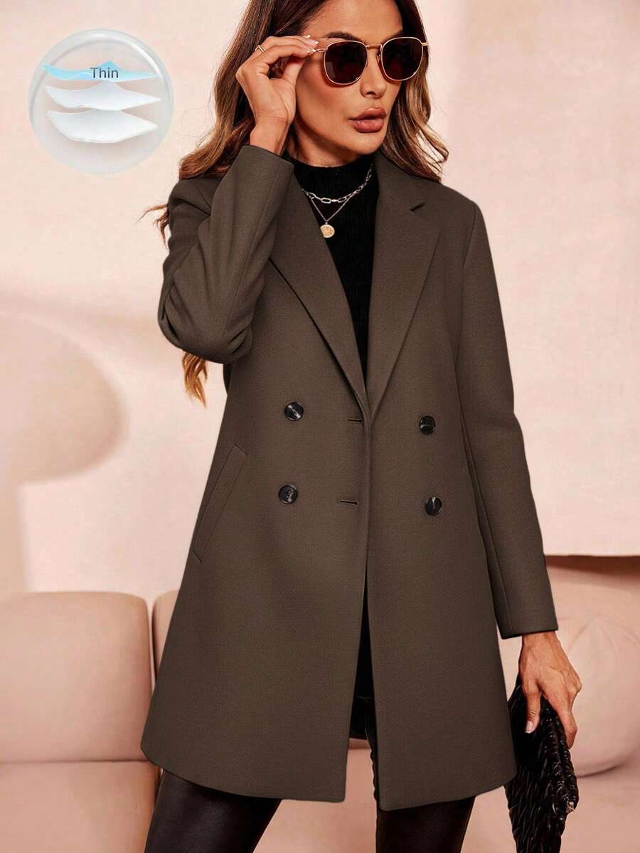 SHEIN Clasi 女士秋冬双排扣羊毛大衣 - 巧克力棕 - 查看 1