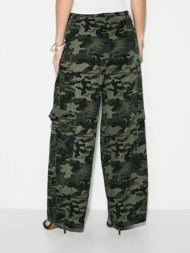 KIZN Army Camouflage Wide Leg Cargo Pants For Women Military Print High Waisted Palazzo Trousers