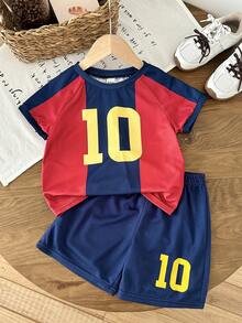 2pcs/Set Young Boys' Red & Blue Striped Sports Jersey Outfit, Knit Top Tee And Shorts Set, Barcelona FC, Suitable For Indoor, Outdoor, Daily Wear, Sports, Play, Party, Photo Shoot, Vacation, Match, Spring/Summer - Multicolor - View 4