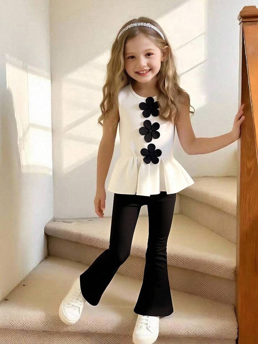 Elladie kids 女童休闲优雅蝴蝶结荷叶边无袖圆领背心+纯色修身喇叭裤针织两件套 - 黑與白 - 查看 1