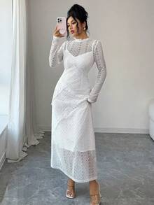 Selianne 女士秋季新款法式优雅蕾丝边拼接二合一长袖连衣裙 - 白色 - 查看 3