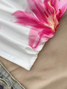 少女白色针织休闲度假优雅波西米亚热带花卉印花褶皱不对称露脐吊带背心，适合春夏穿着，休闲百搭，可打造个性造型，日常穿着，室内亦可。 - 白色 - 查看 5