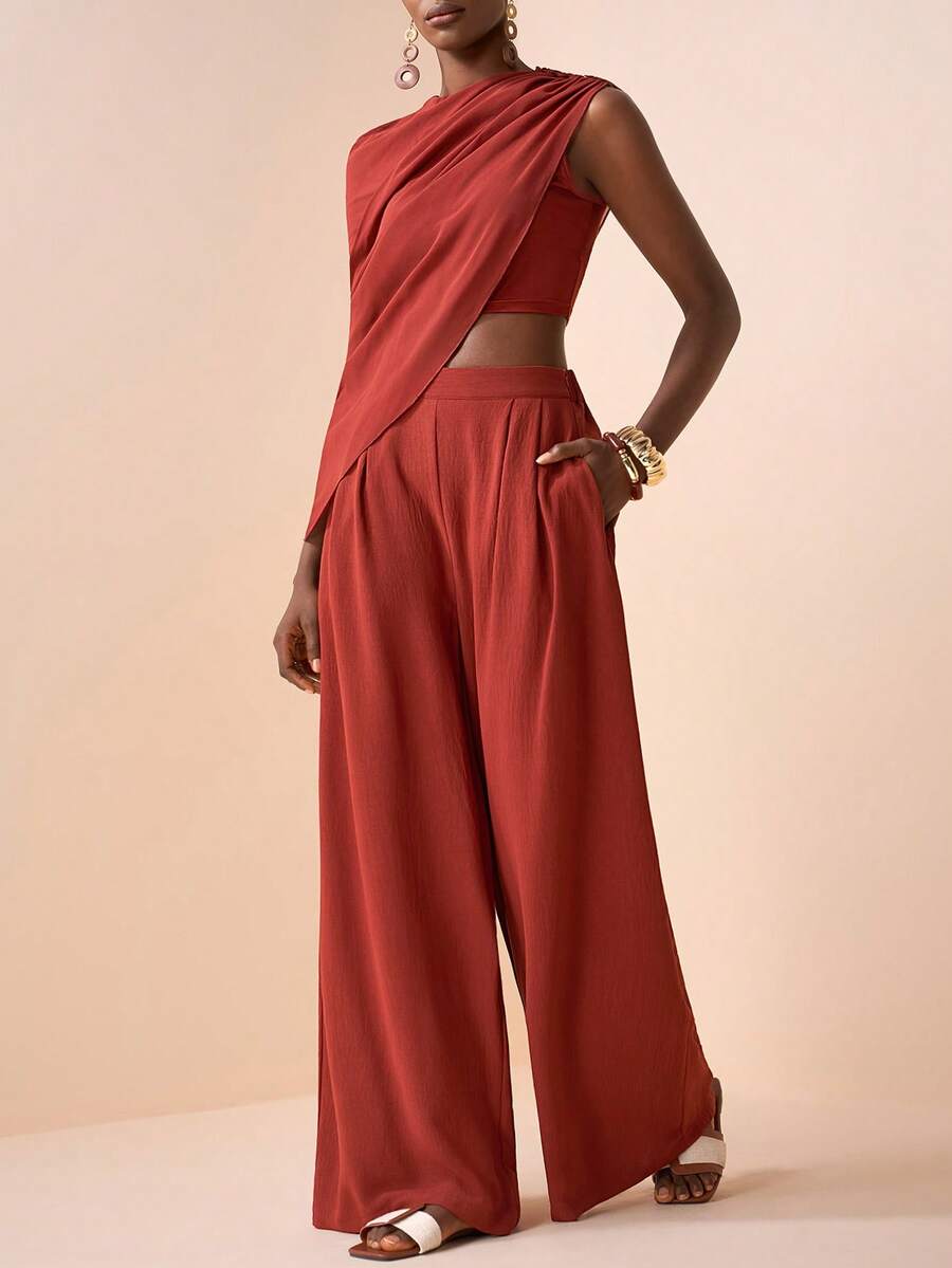 Zivah 新款春夏优雅宽松棕色薄纱单面披肩+高腰阔腿裤女式两件套，适合情人节、约会、派对、聚会、节日、度假、休闲风、海滩、海边、音乐会、日常出行、新年、狂欢、早午餐、婚礼宾客、婚礼季、休闲A - 棕色 - 查看 1