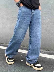 青少年男孩时尚休闲 Y2K 复古酷炫街头基础款简约舒适蓝色牛仔宽松牛仔裤，适合日常穿着、春夏锐舞节和街头服饰。 - 藍色 - 查看 4