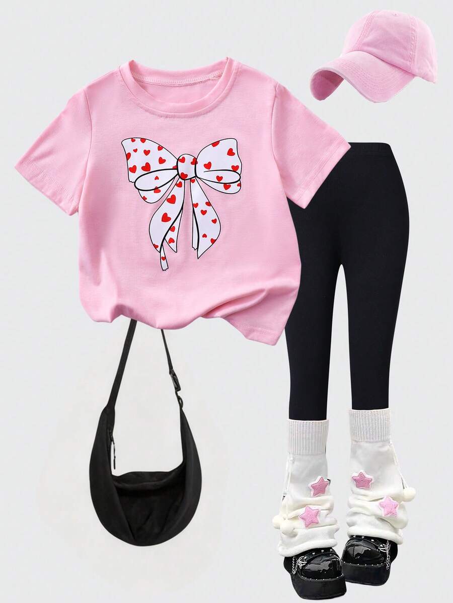 2pcs/Set Toddler Girls' Casual Loose Bow Heart Graphic Round Neck Short Sleeve T-Shirt And Black Leggings Set, Spring/Summer Girls Leggings Outfit Kids Graphic Tee Girls Cute Set Bows On Clothes Bow Outfit Girls - Pink - View 1