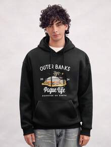 Open Phase 男士印花保暖连帽衫，美式街头风，适合秋冬季穿搭，日常百搭，送给男友/老公的礼物 - 黑色 - 查看 3