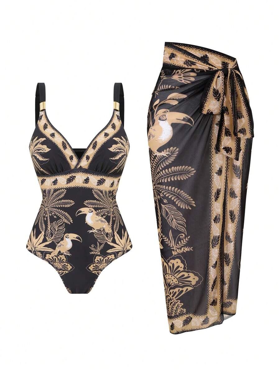 Swim Oasis Conjunto de 2 piezas de traje de baño estampado y falda maxi de malla para mujer, conjunto de ropa de playa casual para primavera/verano 2026 - Multicolor - Ver 1
