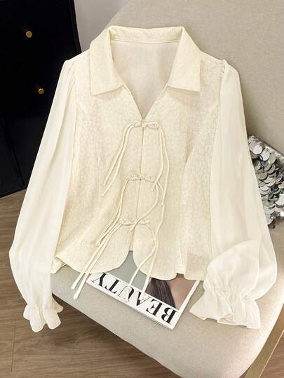 GlowEve CURVE Plus Size Women's Mandarin Collar Jacquard Button-Up Long Sleeve Shirt, Chinese Style Blouse