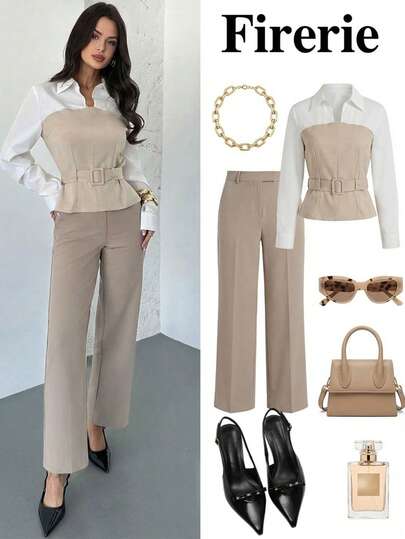 Firerie 女士休闲优雅杏色亚麻质感拼接衬衫，秋季服装/优雅女式衬衫/秋季特色上衣/通勤装/教师装/返校装/复古风/商务休闲女装/办公装