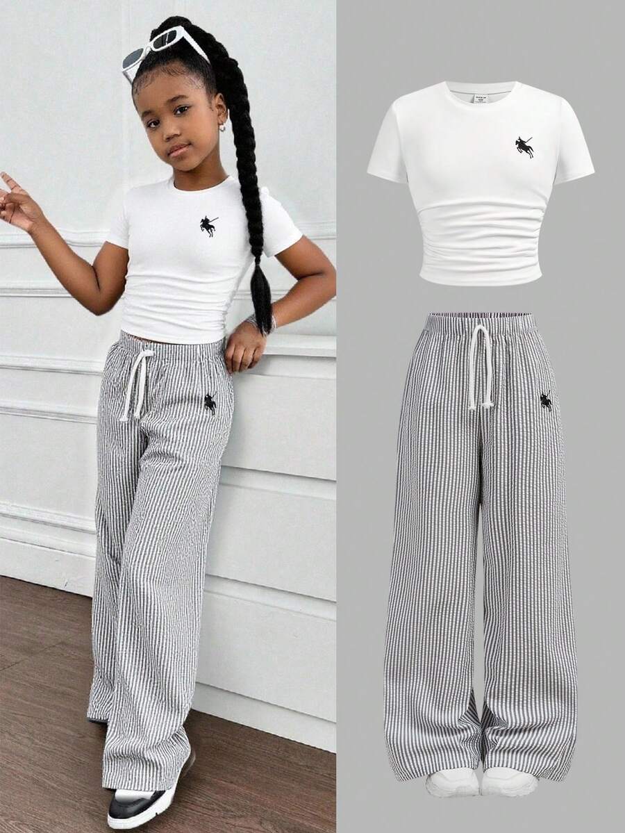 少女春夏时尚休闲简约白色印花T恤+黑白条纹针织裤两件套，百搭休闲、日常、上学、度假皆宜 - 彩色 - 查看 1