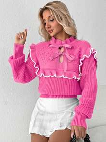 SHEIN Women's Stand Collar Ruffle Hollow Bowknot Decor Casual Versatile Party Autumn/Winter Long Sleeve Sweater - Pink - View 1