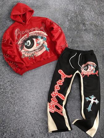 Street Life Conjunto casual de sudadera con capucha de manga larga y pantalón de chándal con estampado de letras y ojos para hombre