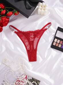 Floral Lace Rhinestone Studded Tape G-String Sexy Lingerie - Burgundy - View 7