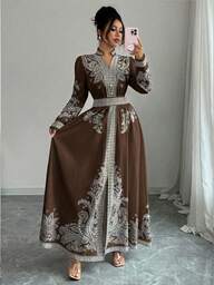 Rafferiza Vintage Floral Print V-Neck Lantern Sleeve Ruffle Hem Dress For Women, Resort & Palace Style Brown Long Dress Long Sleeve Elegant Dress Modest Dress Women Brown Abundant Dress Turkish Dress