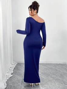 Elenzga Plus Size Royal Blue Autumn Elegant Formal Asymmetrical Shoulder Soft Knit Dress,Shoulder Slit Metal Buckle,Waist Twist Decor,A-Line Hem,Outing Party - Royal Blue - View 2