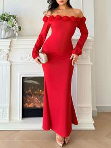 Rafferiza Đầm dài tay trễ vai họa tiết hoa ôm sát, trang phục Valentine thời trang và gợi cảm cho nữ, đầm thanh lịch cho nữ, đầm dài màu đỏ, đầm dạ hội đỏ sang trọng, đầm dự tiệc, đầm trễ vai cho nữ. - Đỏ - Xem 5