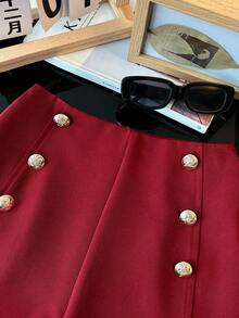 Franclia 时尚通勤休闲百搭修身金属扣前开衩女式短裤，酒红色，外套 - 酒紅色 - 查看 5