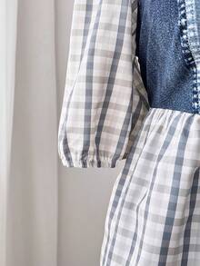 Sweetra Áo sơ mi kẻ caro Colorblock dễ thương, thường ngày, buộc dây phía trước cỡ lớn - Màu xanh lam - Xem 4