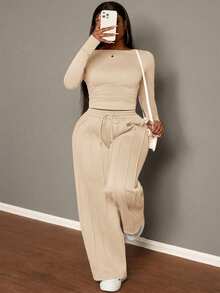 Slaydiva Plus Size Women Solid Color Long Sleeve Pleated T-Shirt And Wide Leg Pants Casual 2-Piece Set Modest Two Piece Set Comfortable Two Piece Set - Apricot - View 7