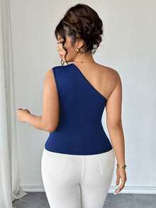 Elenzga Plus Size Women Metallic Pleated Blouse In Navy Blue Royal Blue One Shoulder Top One Sleeve Top One Shoulder Blouse Women Sexy Tops Women Sleeveless Tops - Blue - View 2