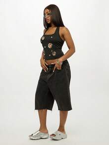 SUMWON 加大码露背吊带背心，金属孔眼装饰，无袖夏季露脐上衣，带孔眼，适合休闲、节日、街头、俱乐部等场合穿着 - 黑色 - 查看 5