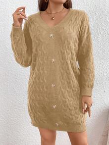 SHEIN LUNE Váy len dệt kim thiết kế cài nút vai hở vai cỡ lớn dành cho nữ, mùa thu/đông - Màu Khaki - Xem 5