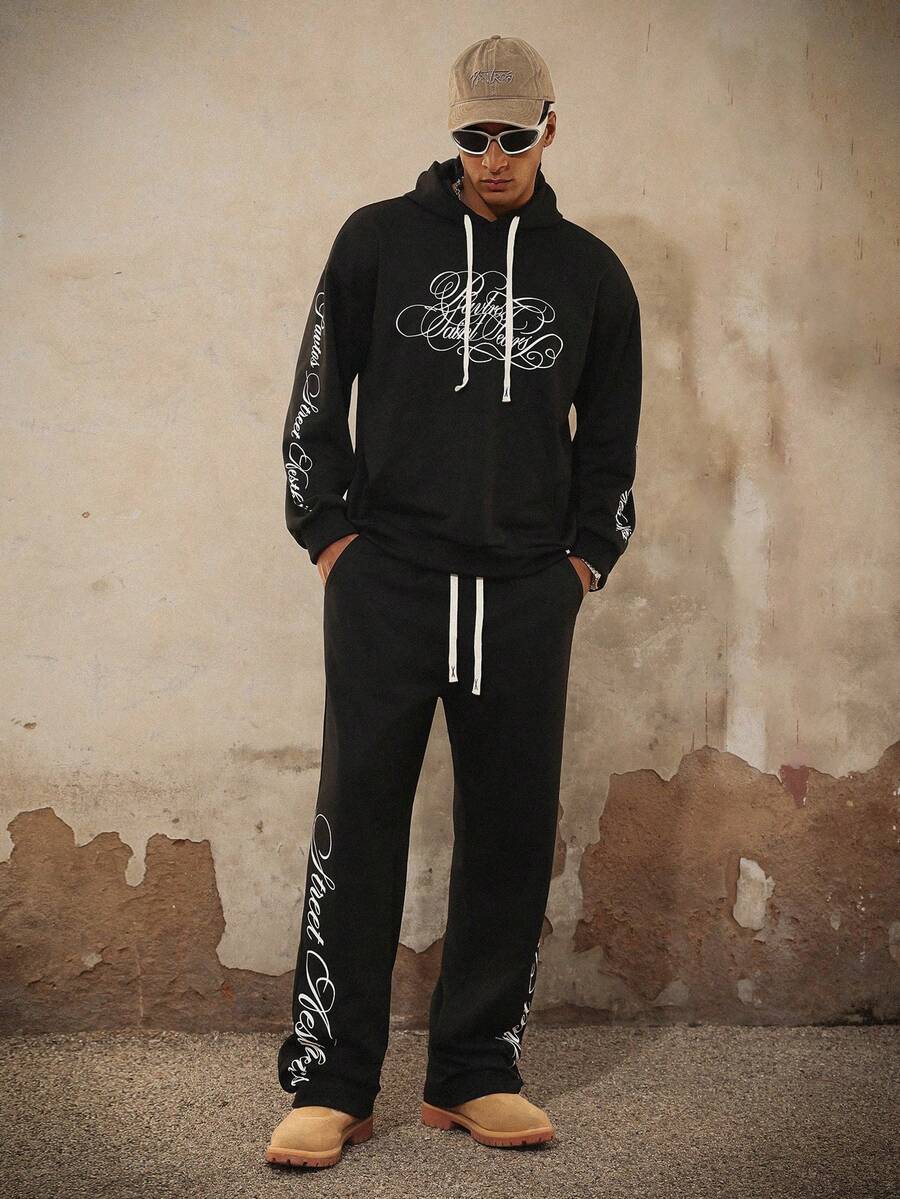 PAVTROS Bộ quần dài và áo hoodie in họa tiết tối giản dành cho nam, nam, rộng thùng thình, tốt nhất, bạn trai, mùa hè, kỳ nghỉ, Y2k, cổ điển, bạn bè, bộ đồ quần dài màu đen in họa tiết phong cách cổ điển cỡ lớn - màu đen - Xem 1