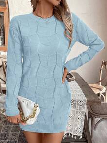 EMERY ROSE Women's Loose Casual Round Neck Drop Shoulder Long Sleeve Knitted Sweater Dress, Autumn/Winter - Baby Blue - View 6