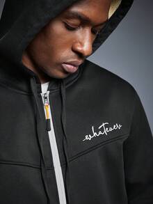 男士休闲保暖连帽衫和裤子套装，秋冬 - 黑色 - 查看 8