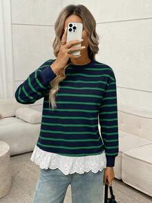 Easowa Striped Print Guipure Lace Hem Drop Shoulder Sweatshirt In Fall/Winter - Green - View 3