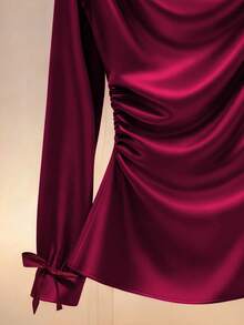 Modelyn Elegant Solid Color High-Quality Satin Pleated Bowknot Waist Long Sleeve Women Blouse - Burgundy - View 6