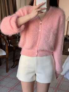 DAZY Soft & Cozy V-Neck Cardigan Sweater Jacket, Autumn/Winter For Women - Pink - View 8
