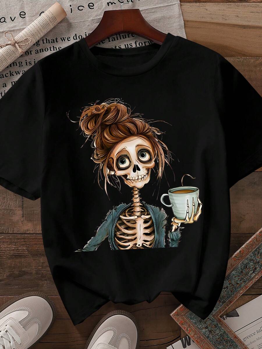 SHEIN LUNE 大码圆领短袖骷髅印花极简主义T恤，休闲日常穿搭图案T恤女式上衣 - 黑色 - 查看 1