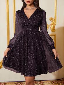 SHEIN Belle Women's V-Neck Long Sleeve Shiny Elegant Luxurious Ball Gown Dress - Purple - View 1