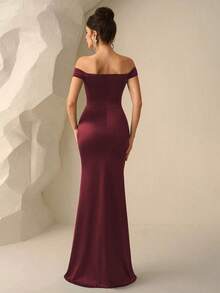 Coutiva 女士纯色露肩扭结亮片拼接美人鱼裙摆正式晚礼服 - 酒紅色 - 查看 2