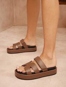 SHUZIA Giày sandal đế xuồng hở mũi in hình lòng bàn tay PU màu ô liu sẫm lấy cảm hứng từ sự sang trọng dành cho nữ – Thoải mái khi đi biển đến trung tâm mua sắm - Màu xanh Ô liu - Xem 3