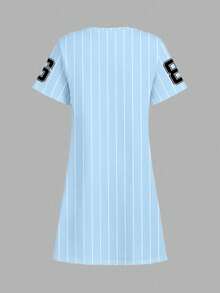 粉色条纹印花休闲中长连衣裙，适合夏季外出、野餐、街头穿搭、上学穿着、舒适居家服。 - 白色 - 查看 3