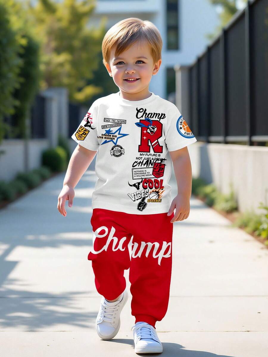 SHEIN 2 pezzi/set Ragazzo giovane, top a maniche corte e pantaloni casual minimalisti con collo rotondo, stile classico e fresco da strada con stampa grafica, stampa del logo Champion, adatto per primavera/estate - Multicolore - Visualizzare 1