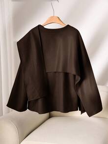 CosyJoli Chaqueta casual holgada con cuello de bufanda de unicolor para mujer de talla grande, otoño/invierno - Café integral - Ver 2