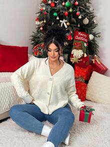 Elenzga Christmas Women's Casual Loose Fit Long Sleeve Plus Size Cardigan Sweater, Outerwear, Suitable For Dates, Weddings, And Other Occasions, Autumn/Winter - Apricot - View 7