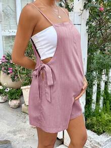 SHEIN Maternity Solid Color Knotted Waist Decor Casual Versatile Daily Wear Romper - Pink - View 5
